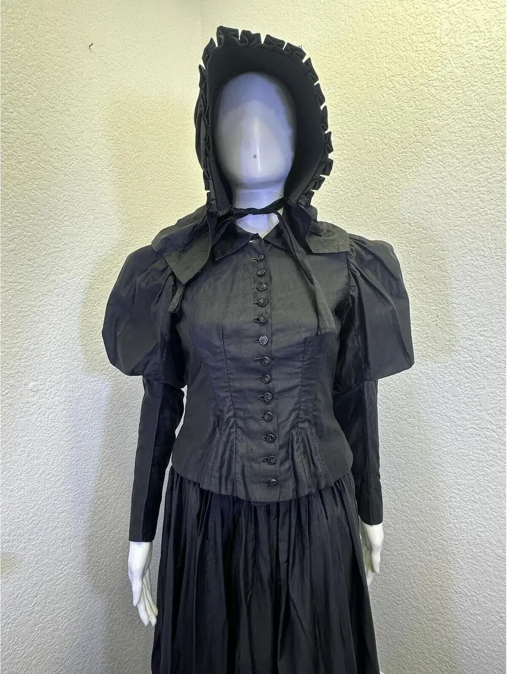 VTG 1890s Black Silk Mourning Victorian Gothic Bodice Skirt Bonnet